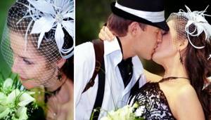 Элегантная шляпка с короткой вуалью для невесты и стильная шляпа для жениха