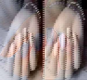 Нюдовый маникюр растяжка блестками с полоской на длинных квадратных ногтях