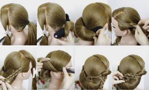 Ракушка из волос с гладкой чёлкой набок, декорированная косами и цветком, этапы выполнения