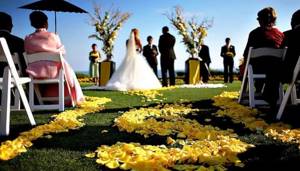 Рассыпанные лепестки роз - красивое украшение места для жениха и невесты