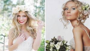 ВЕнки и крупные цветы в волосах отлично подчеркнут общий стиль свадьбы